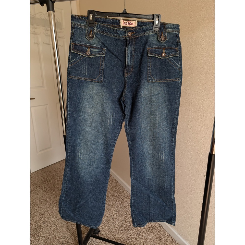 Old Skool Denim Blue Flare Utility Jeans Split Hem Women Size 18 Y2K Streetwear
